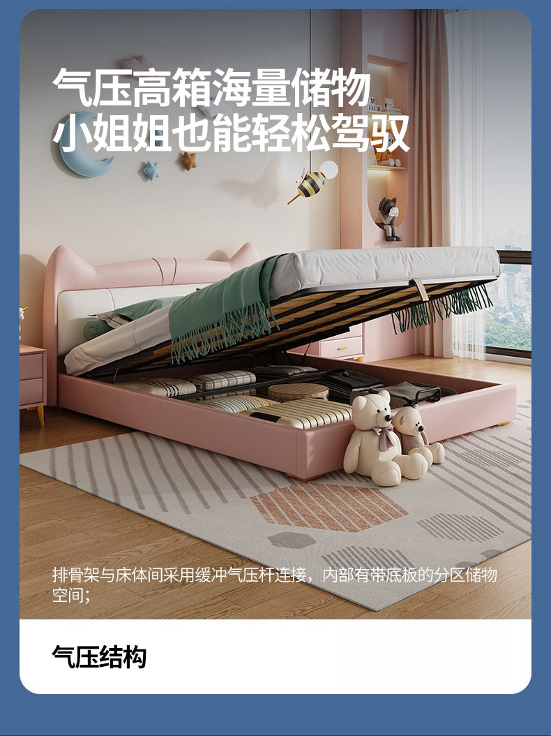 Cat ears child bed girl pink cartoon girl Princess bed ins net celebrity single solid wood storage leather bed