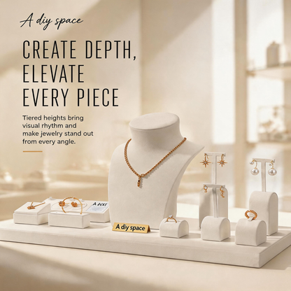 5PCS White Suede Jewelry Display Set, Necklace Bust, Earring T-Stand, Ring Organizer