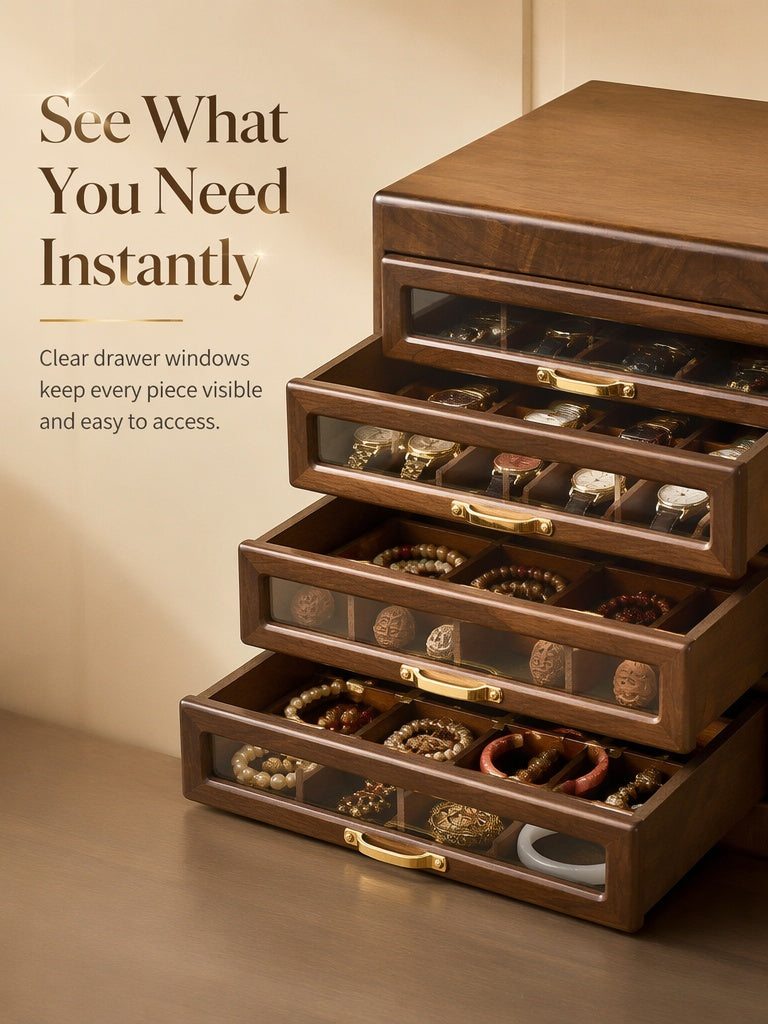 Solid Walnut Wood Jewelry Box, Multi-Drawer Display Case, Elegant Storage Organizer