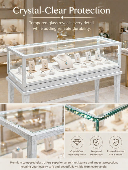 Solid Ash Wood Jewelry Display Cabinet, Adjustable LED Lighting, Retail Presentation Showcase