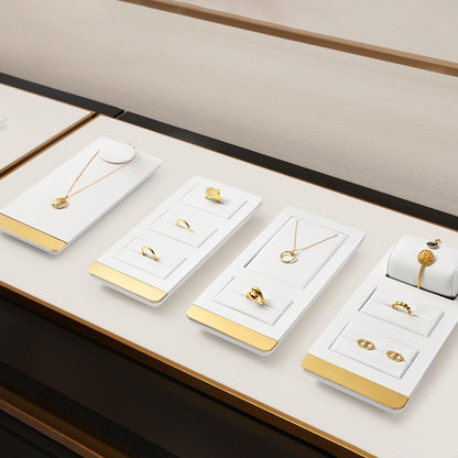 White Leather Jewelry Display Set with Gold Trim for Watch and Ring