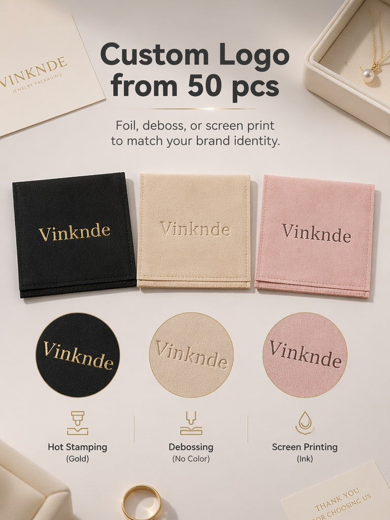 50PCS Soft Suede Drawstring Pouches with Custom Logo, Jewelry Storage Bags, Anti-Scratch Gift Packaging