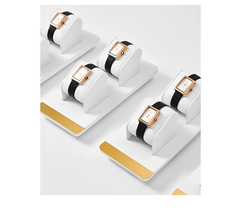 White Leather Jewelry Display Set with Gold Trim for Watch and Ring