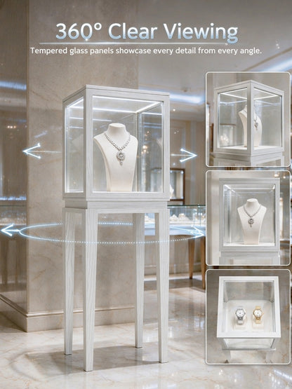 Luxury Wood Glass Display Cabinet, 360° LED Lighted Pedestal Showcase for Boutiques