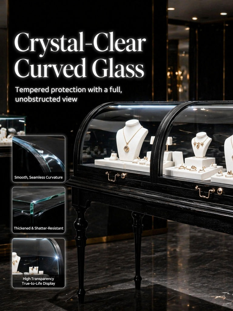 Lighted Wood Jewelry Display Case, Glass Curved Retail Showcase, Antique Store Fixture Cabinet