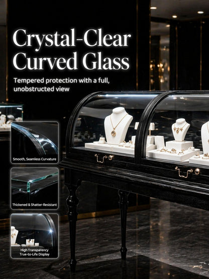 Lighted Wood Jewelry Display Case, Glass Curved Retail Showcase, Antique Store Fixture Cabinet
