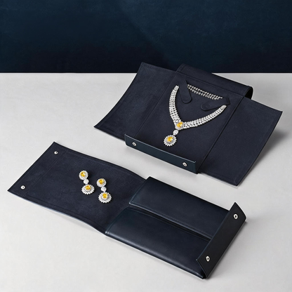 Navy Leather Necklace Organizer with Snap Button for Travel Storage