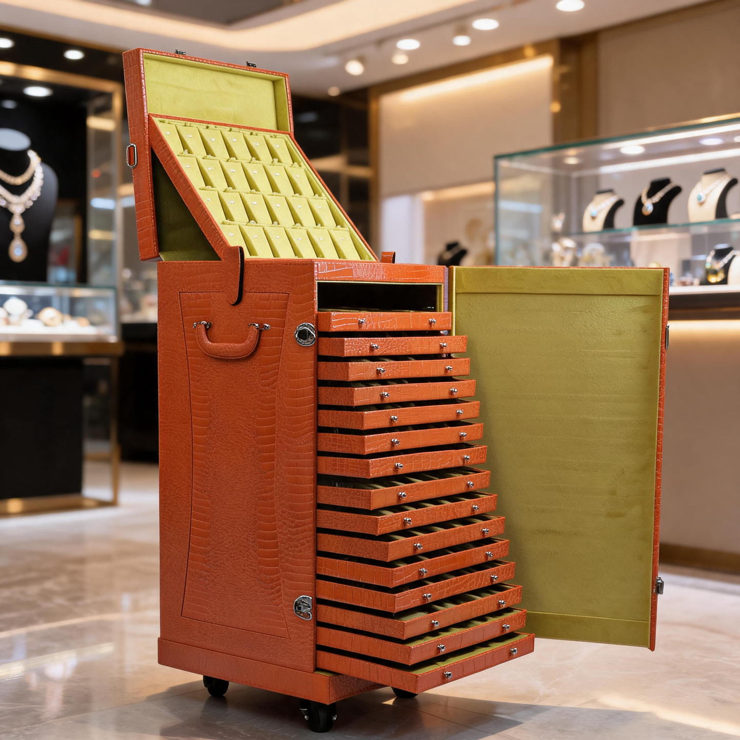 Rolling Jewelry Display Case, Crocodile PU Leather Tray Organizer Trunk, 16-Tier Storage