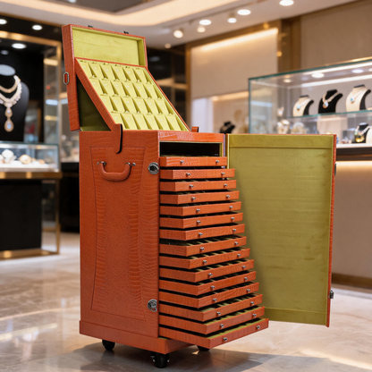 Rolling Jewelry Display Case, Crocodile PU Leather Tray Organizer Trunk, 16-Tier Storage