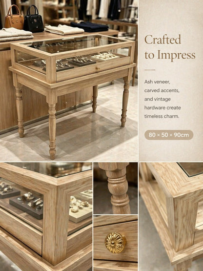 Solid Wood Jewelry Showcase – Vintage Style Display Cabinet with LED Lighting
