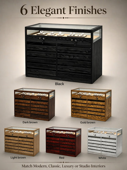 Solid Ash Wood Jewelry Display Case – Tempered Glass, LED Lighting, Lockable Drawers