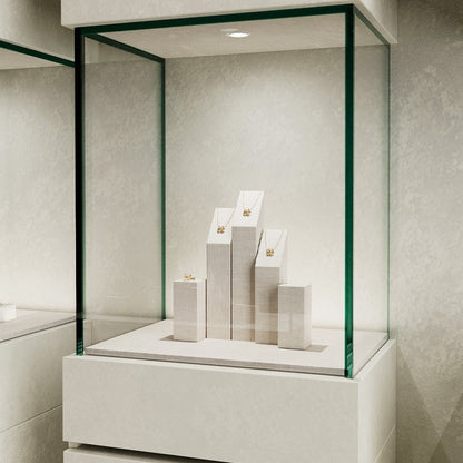 White Linen Jewelry Display Set with Multi-Level Risers for Vendors