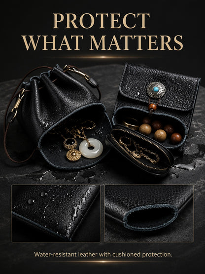 5pcs Genuine Leather Storage Pouch, Waterproof Pebble Cowhide Bag, Snap Drawstring Zipper Closure, Jewelry Organizer