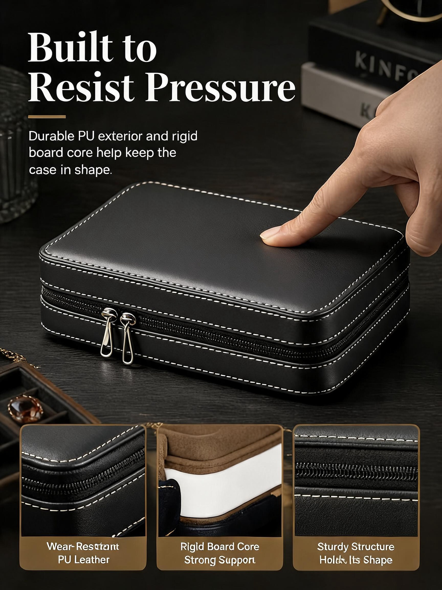 Black PU Leather Jewelry Organizer, Zippered Travel Case, Velvet Insert (Ring, Pendant Styles)