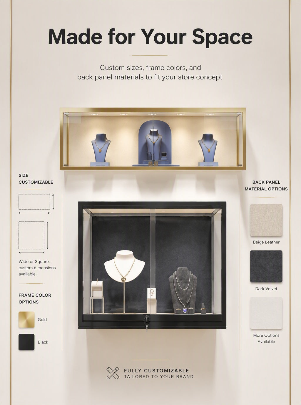 Luxury Wall Mounted Jewelry Display Cabinet, Stainless Steel Frame, Tempered Glass Showcase, Lockable Organizer