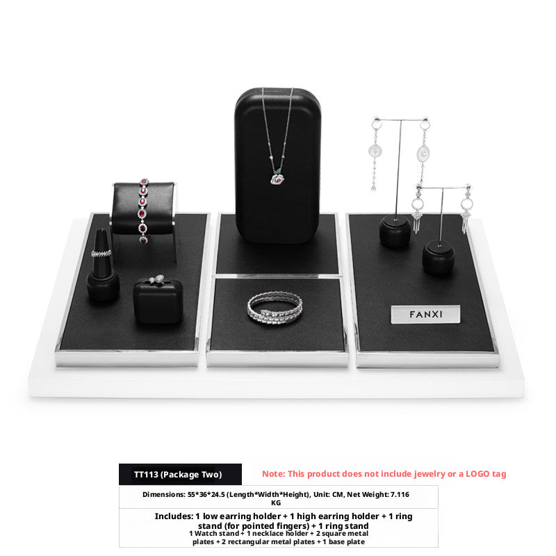 Black Leather Jewelry Display Set with Metal Trays for Rings and Earrings