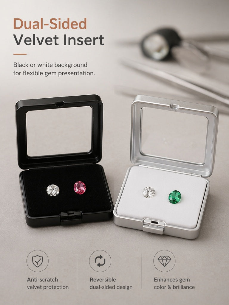 Metal Gemstone Display Box for Loose Stones, Silver-Plated Storage, Self-Locking Snap, Glass Top