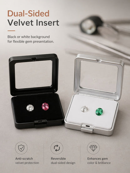 Metal Gemstone Display Box for Loose Stones, Silver-Plated Storage, Self-Locking Snap, Glass Top