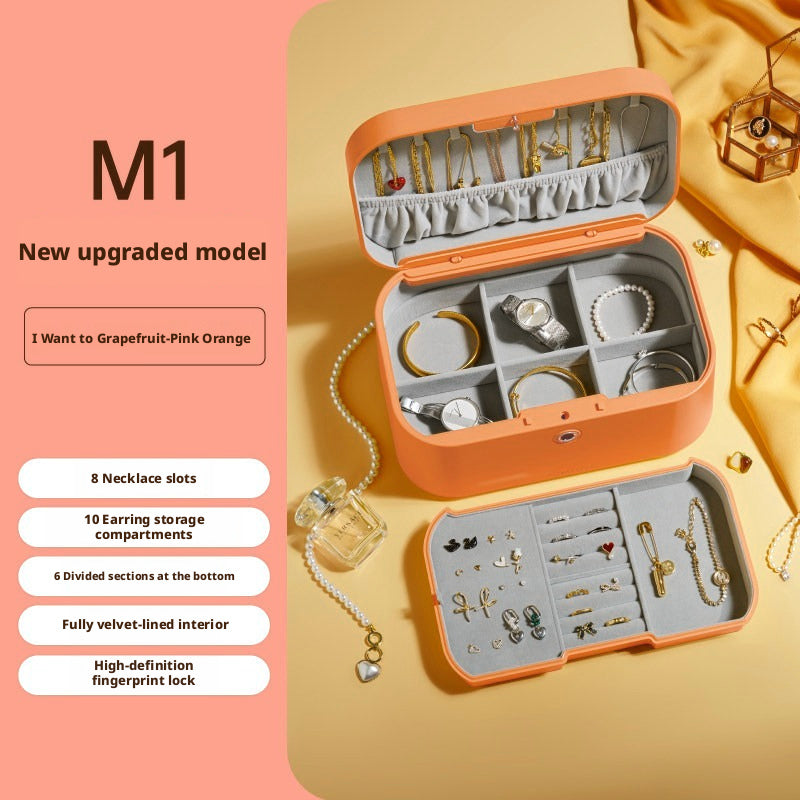 Fingerprint Lock Pink Jewelry Box, Biometric Safe Organizer Case, Smart Storage, Gift for Her