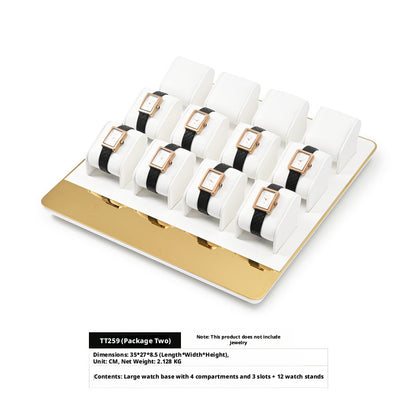 White Leather Jewelry Display Set with Gold Trim for Watch and Ring