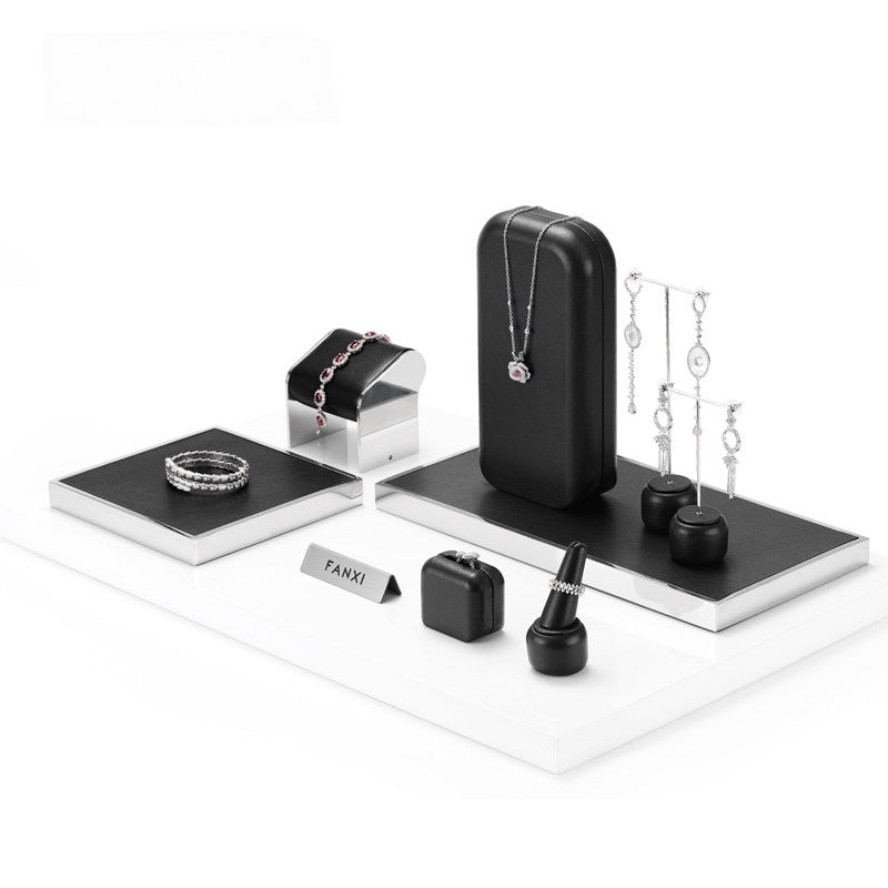Black Leather Jewelry Display Set with Metal Trays for Rings and Earrings