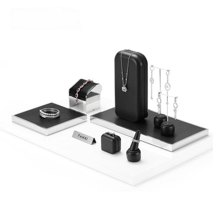 Black Leather Jewelry Display Set with Metal Trays for Rings and Earrings