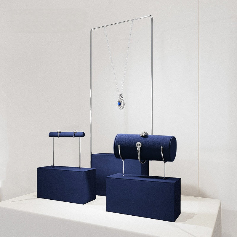 Navy Blue Velvet Jewelry Display Set with Metal Stands for Vendors