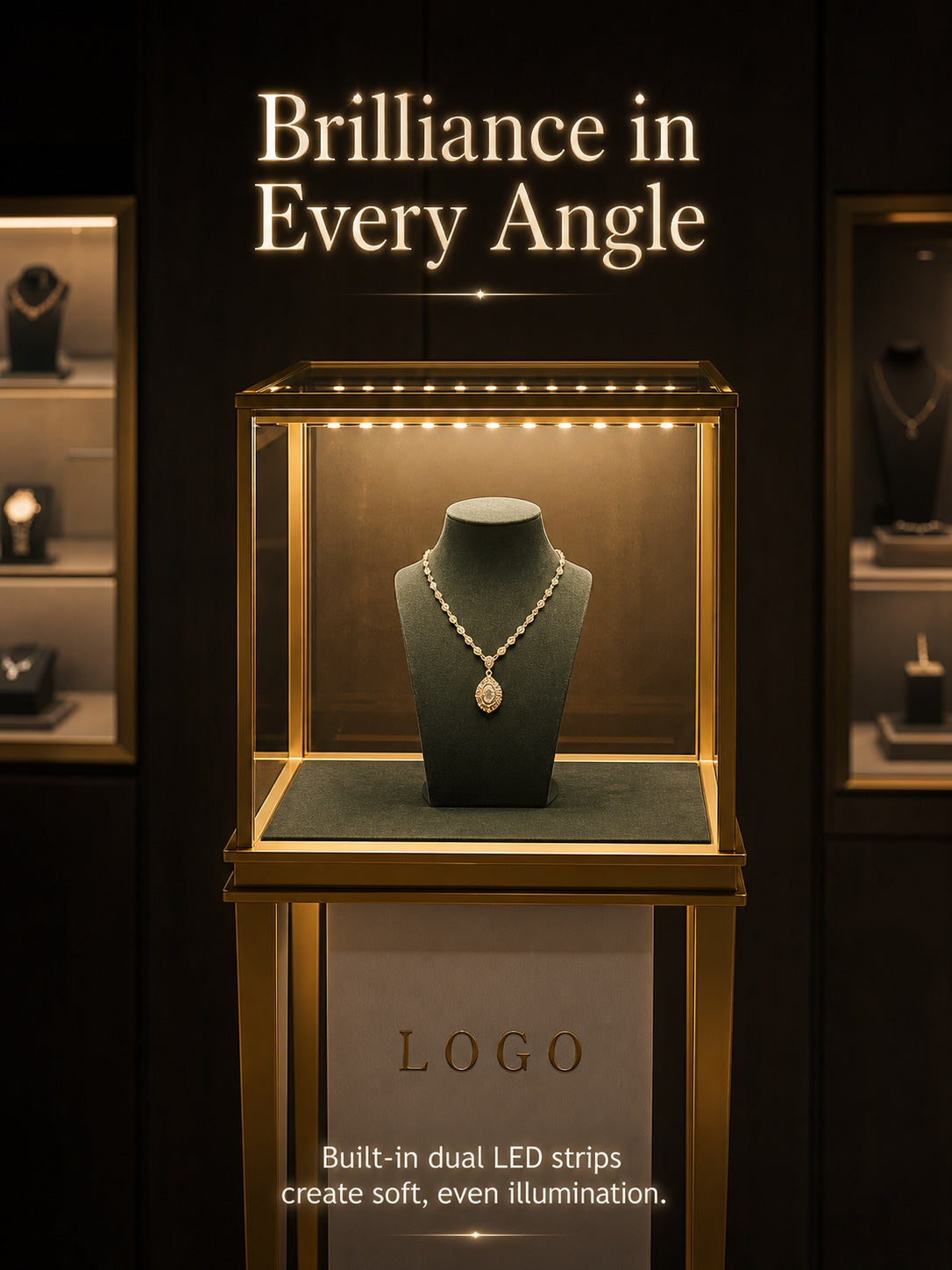 Stainless Steel Jewelry Display | Electroplated Metal Showcase with Glass Top & Logo Option for Boutiques