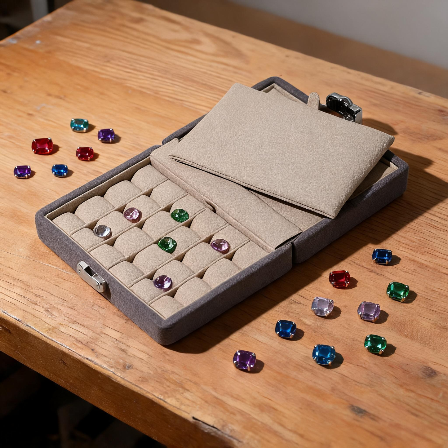 Suede Gemstone Ring Display Box with Lock, Loose Stone Organizer Case