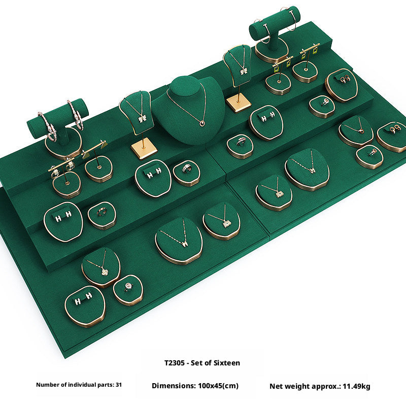 Green Suede and Gold Jewelry Showcase Trays and Necklace Busts
