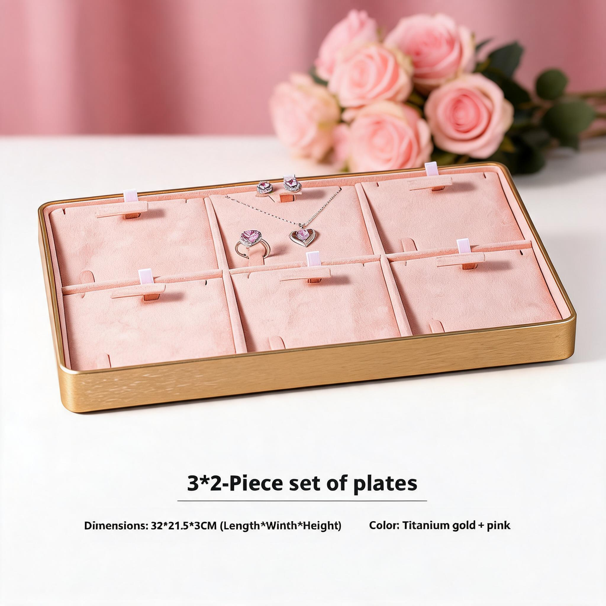Gold Metal Jewelry Tray with Velvet Lining for Ring and Necklace Display