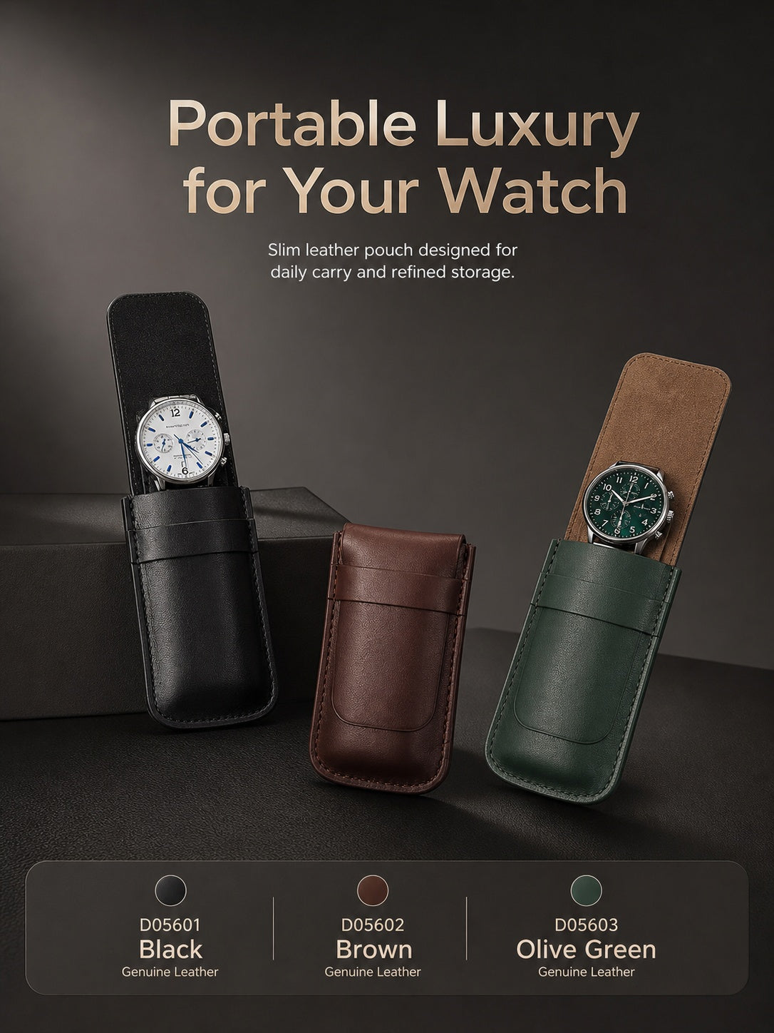 Slim Leather Watch Pouch, Travel Wristwatch Storage Holder, Business Accessory