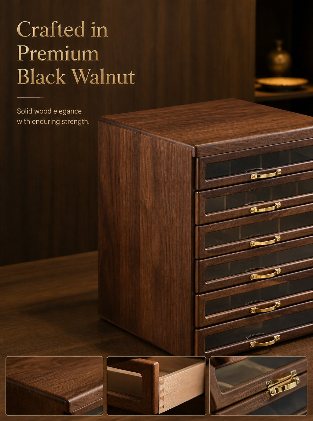 Solid Walnut Wood Jewelry Box, Multi-Drawer Display Case, Elegant Storage Organizer