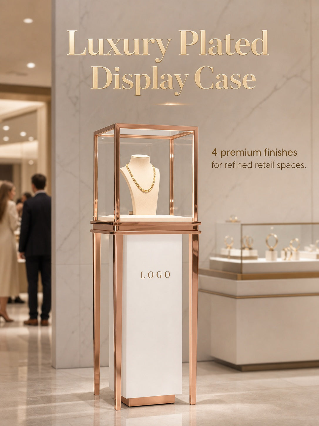 Stainless Steel Jewelry Display | Electroplated Metal Showcase with Glass Top & Logo Option for Boutiques