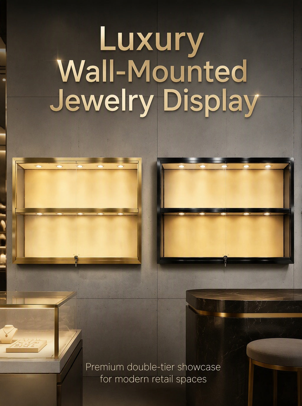 Gold Wall-Mounted Jewelry Display Case with LED Lights & Lock, 2-Tier Stainless Steel Electroplated Showcase Cabinet for Retail Boutiques