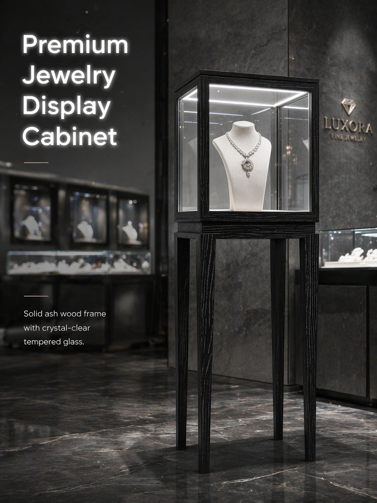 Luxury Wood Glass Display Cabinet, 360° LED Lighted Pedestal Showcase for Boutiques