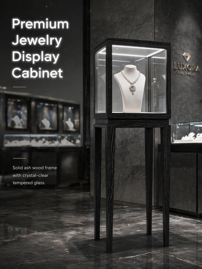 Luxury Wood Glass Display Cabinet, 360° LED Lighted Pedestal Showcase for Boutiques