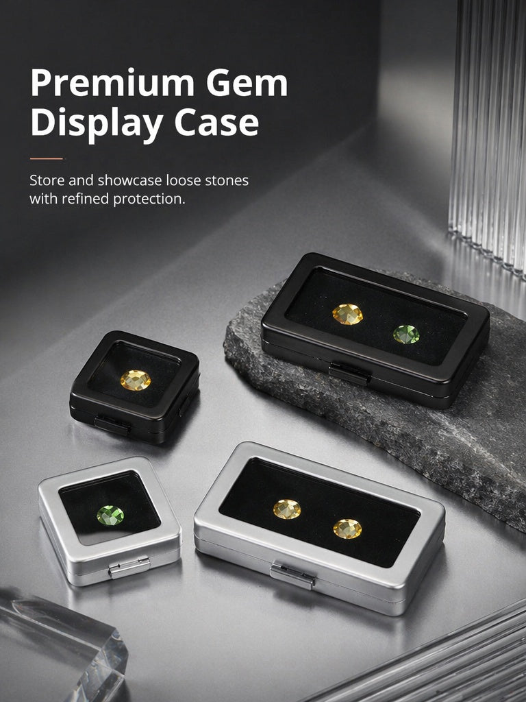 Metal Gemstone Display Box for Loose Stones, Silver-Plated Storage, Self-Locking Snap, Glass Top