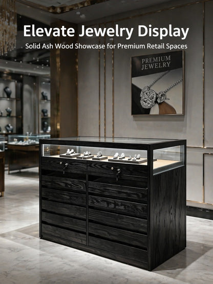 Solid Ash Wood Jewelry Display Case – Tempered Glass, LED Lighting, Lockable Drawers