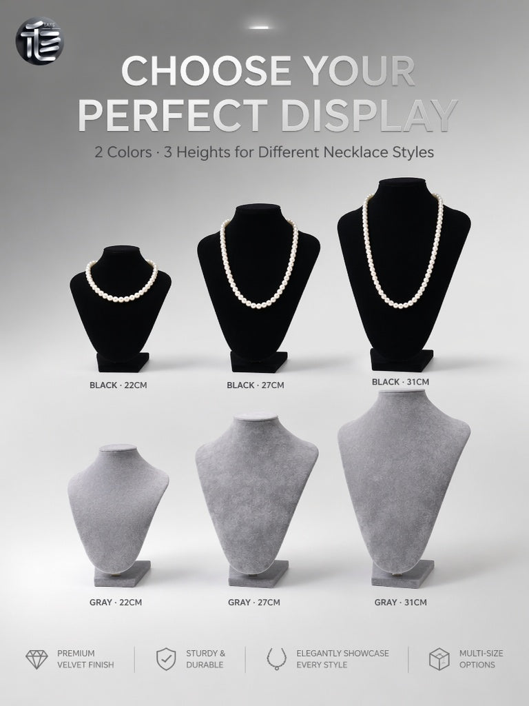 Velvet Necklace Display Bust, Tabletop Jewelry Stand for Pearls, Black Gray Set