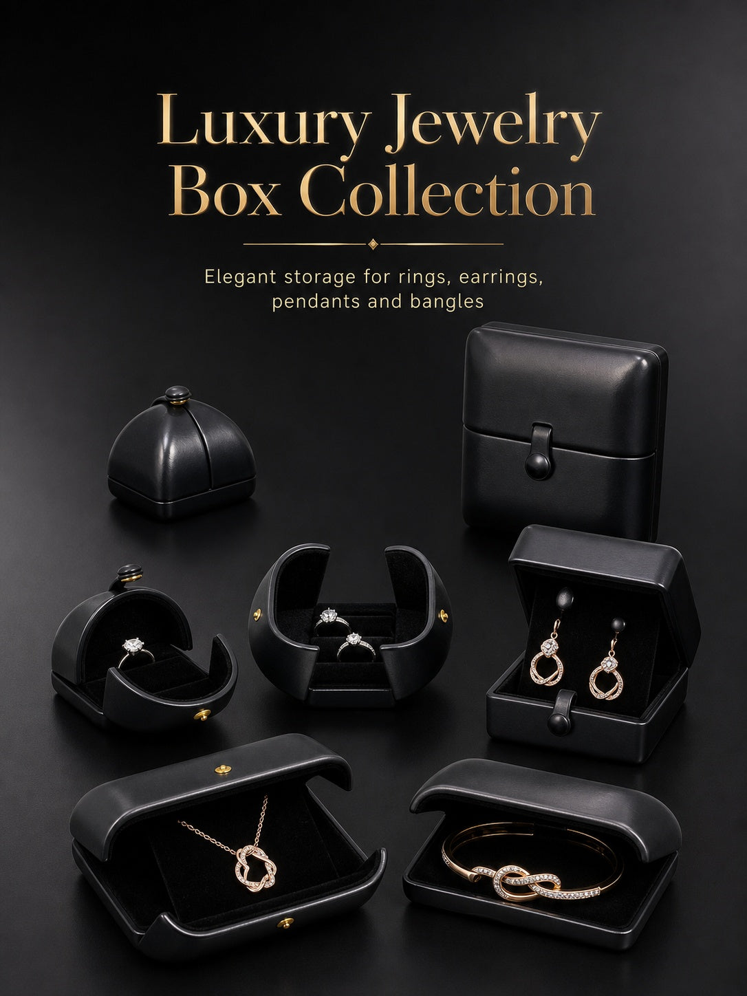 5PCS Black PU Leather Snap Jewelry Box, Faux Leather Ring Earring Bangle Pendant Case