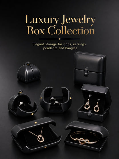 5PCS Black PU Leather Snap Jewelry Box, Faux Leather Ring Earring Bangle Pendant Case
