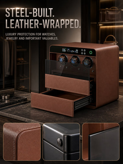Luxury Leather Watch Winder Safe, Steel Security Case, 3-Slot Automatic Winder