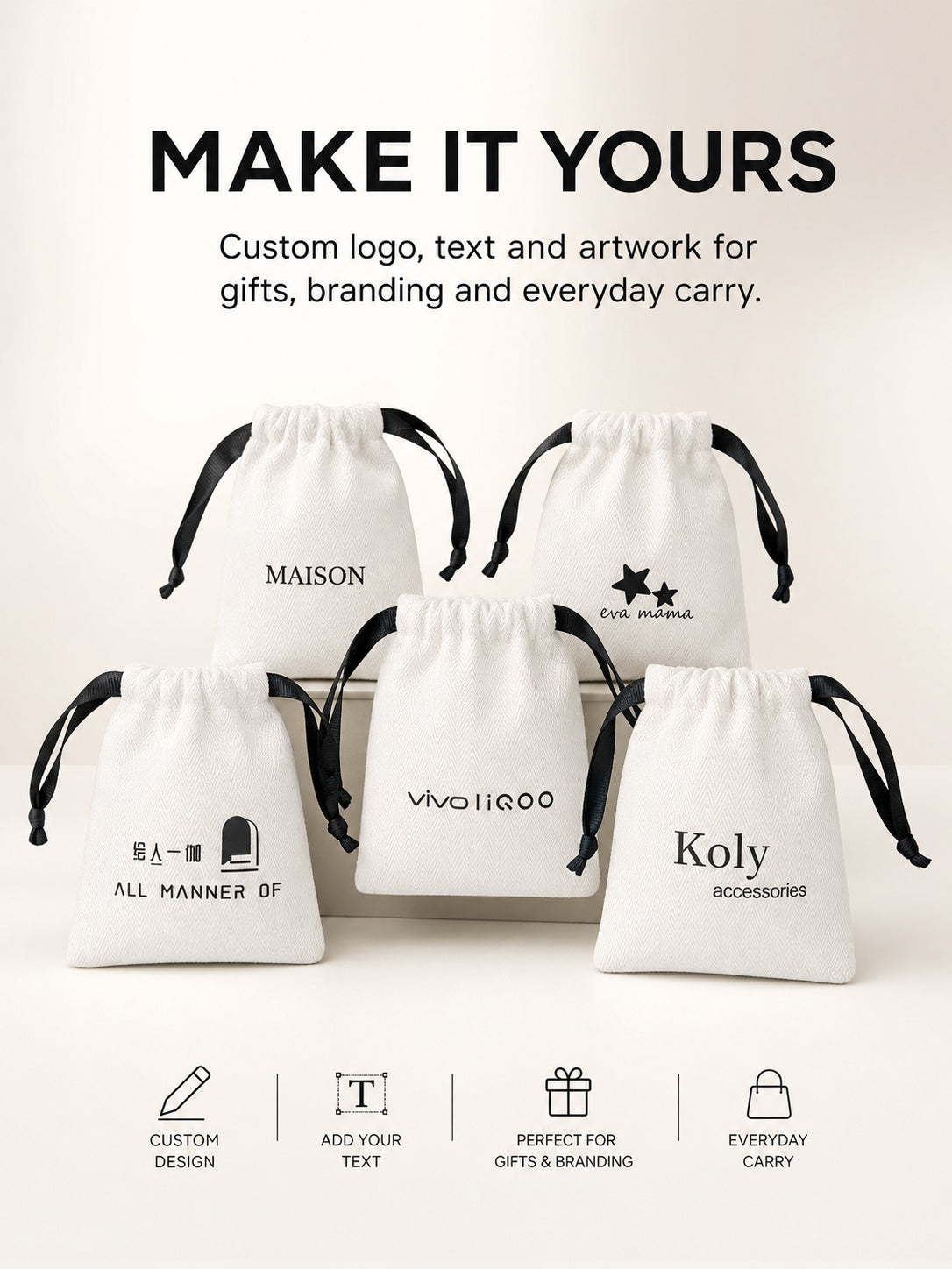 100PCS Custom Cotton Jewelry Pouches, Logo Drawstring Bags, Small Storage (Bulk Available)