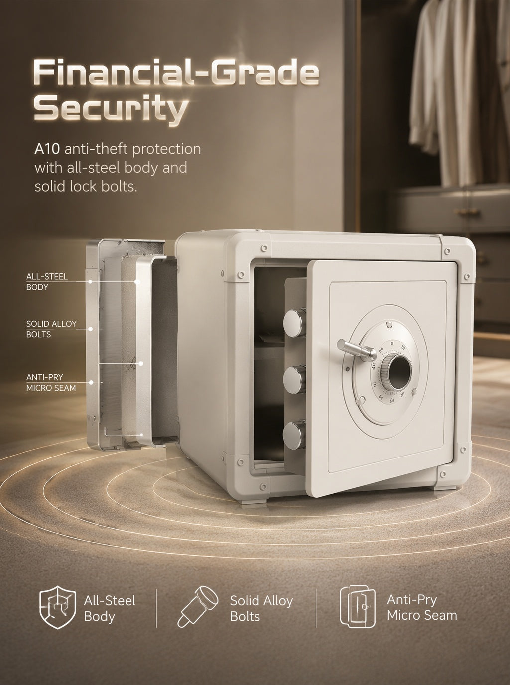 Retro Modern Jewelry Safe, A10-Grade Steel Security Box, Mechanical Dial Lock
