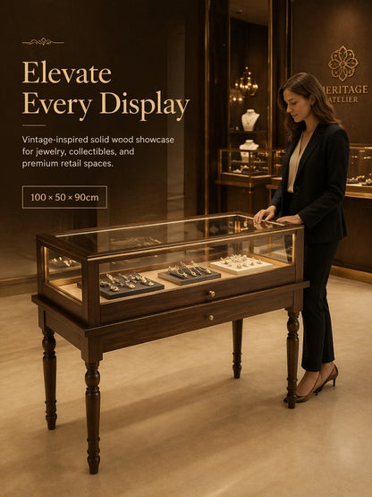 Solid Wood Jewelry Showcase – Vintage Style Display Cabinet with LED Lighting