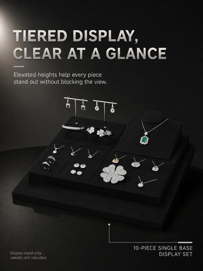 5pcs Black Suede Jewelry Display Stand Set, Modular Necklace Ring Organizer Trays