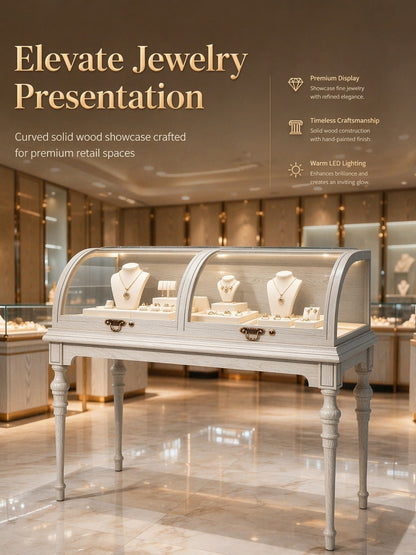 Lighted Wood Jewelry Display Case, Glass Curved Retail Showcase, Antique Store Fixture Cabinet