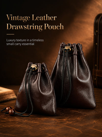 5pcs Waxed Leather Drawstring Pouch, Top-Grain Cowhide Snap Bag, Vintage Coin Jewelry Organizer, EDC Travel Storage