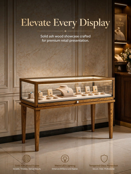 Solid Ash Wood Jewelry Display Cabinet, Adjustable LED Lighting, Retail Presentation Showcase